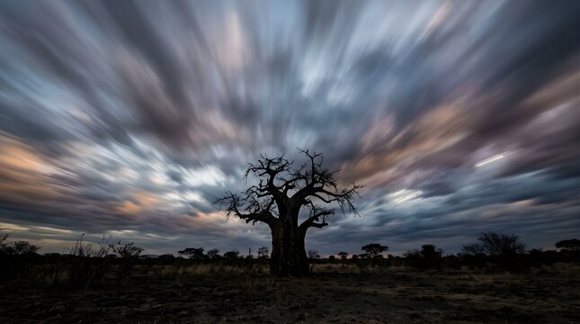 Dramatic baobab tree silhouette under a motion blurred sky at twilight