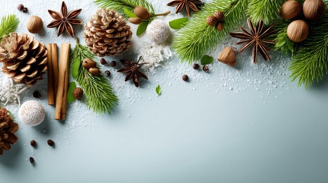 Festive seasonal arrangement with pine cone, cinnamon sticks, spice, and greenery