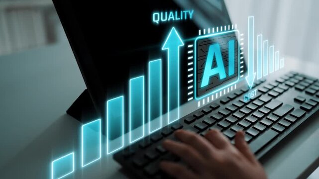 Hands Typing on Keyboard with Digital AI Concept Graphics Signifying Quality and Cost Impact in Modern Technology Environment Sigmoid