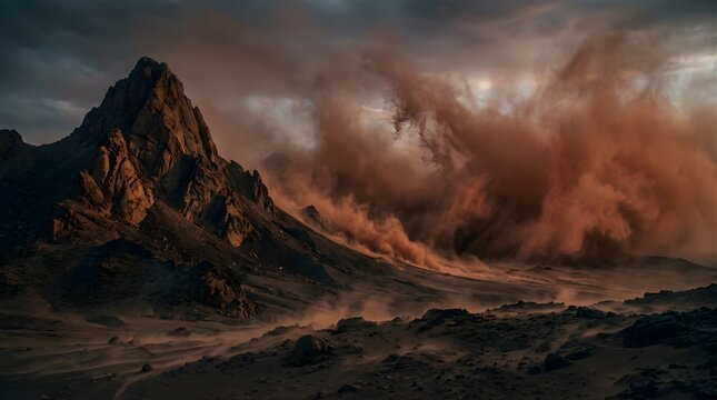 Dramatic desert landscape with swirling dust storm near a rocky mountain peak