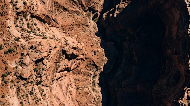 Drone hovering over a rugged desert canyon viewed from directly above
