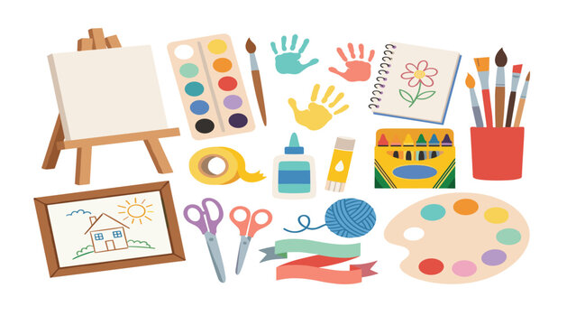 Art supplies vector illustration set with easel palette watercolors crayons brushes scissors glue and handprints for kids school crafts
