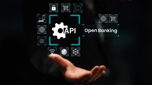 Modern Open Banking Concept With API Integration And Digital Security Symbols Displayed Over A Businessman Hand Gluon.