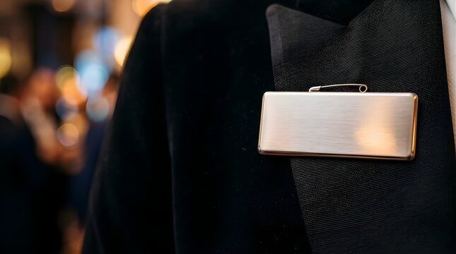 Empty metal name tag pinned to black velvet suit jacket at formal event