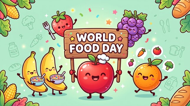 Cute cartoon fruit characters celebrating world food day with characters