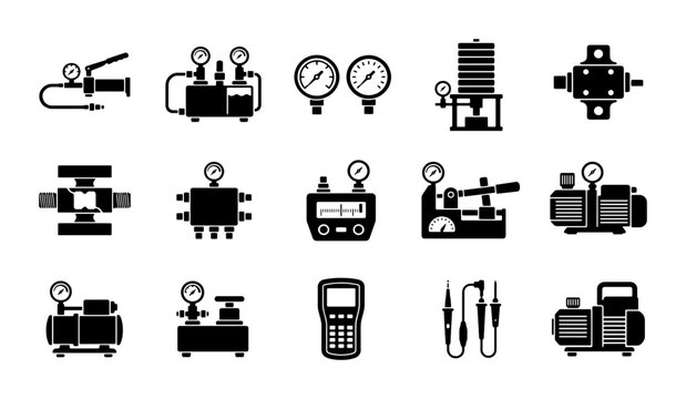 Industrial pressure pump icons, hydraulic testing equipment set of 15 vector symbols, pneumatic compressor and vacuum gauge silhouettes