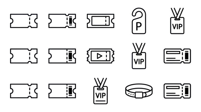 Event ticket and VIP pass outline icon set