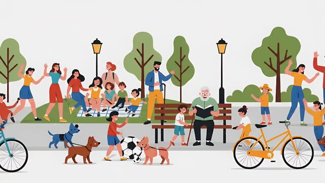 Diverse people cycling walking dogs and relaxing in a sunny park, lively outdoor recreation and community gathering, spring or summer scene, vibrant cartoon style