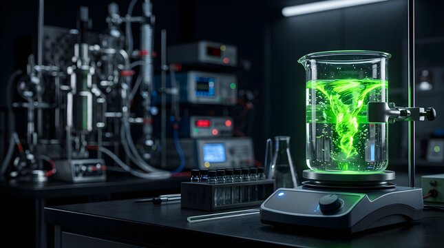 Glowing green liquid swirling in a laboratory beaker on a magnetic stirrer