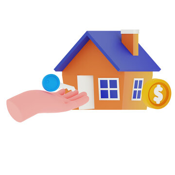 3D House Keys Illustration with Hand, Home and Property Coin
