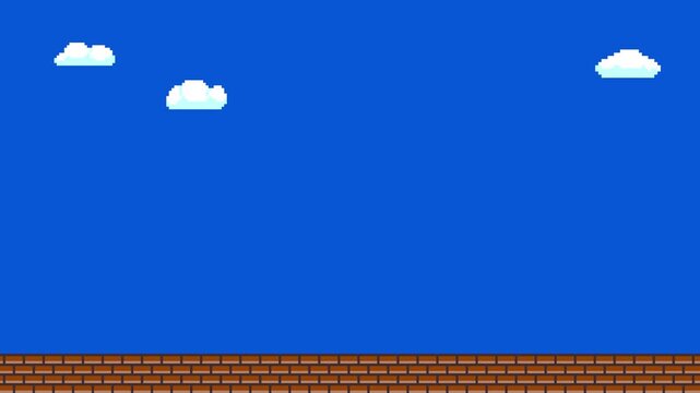 8-bit pixel art retro video game screen with clouds and bricks. looped animation 4k 30fps