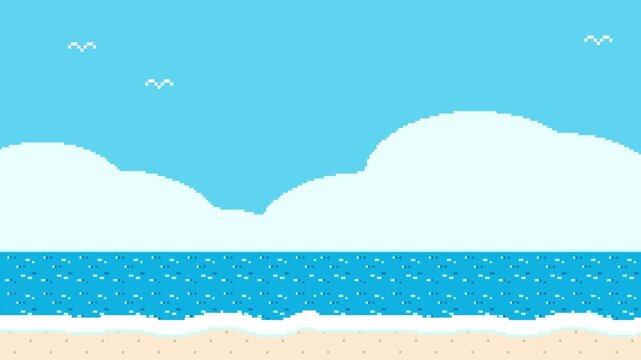 8-bit pixel art sea with clouds and seagulls background illustration