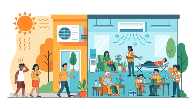 Illustration shows people seeking relief from intense summer heat by entering a cool, air-conditioned interior space with fans and water cooler