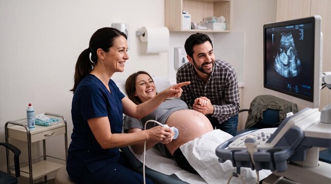 Happy expectant parents looking at ultrasound scan with sonographer in clinic