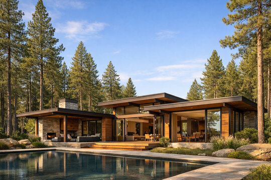 A contemporary glass and wood house features a large swimming pool and patio area nestled among tall pine trees under a clear blue sky.