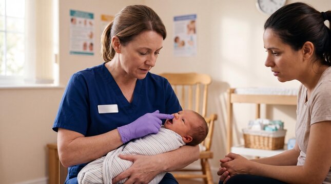 Lactation consultant examining newborn baby for tongue tie with mother watching