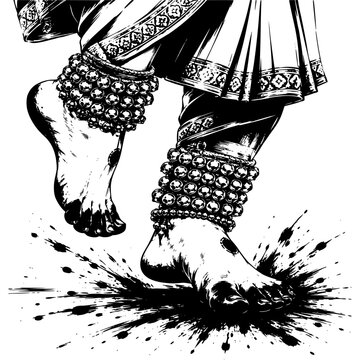 The feet of a Bharatanatyam dancer mid tattu adavu stamping sequence seen in extreme close up 