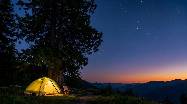 Illuminated camping tent under starry night sky with mountain landscape