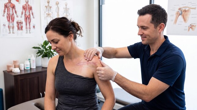 Physical therapist mobilizing a surgical shoulder scar on a female patient.
