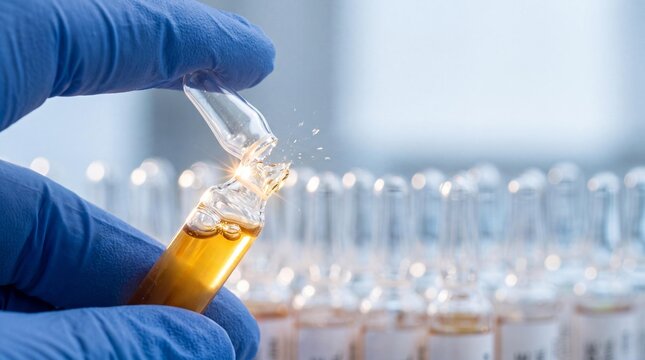 Gloved hand snapping open a glass peptide ampoule with amber liquid serum.