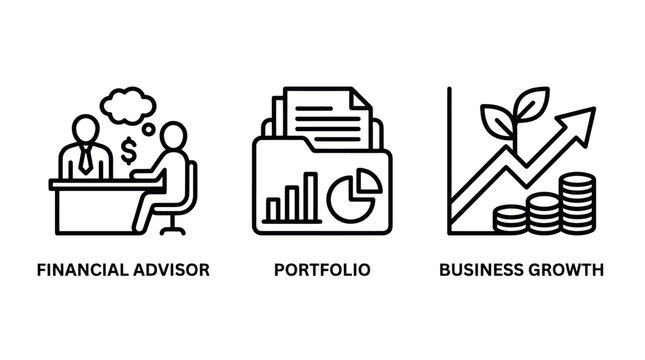 Financial advisor and business portfolio growth line icon set