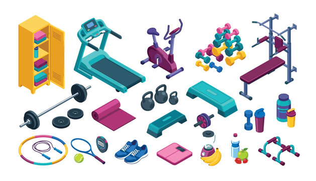 Isometric gym equipment and fitness training elements flat vector illustration set for sports workout and healthy lifestyle designs