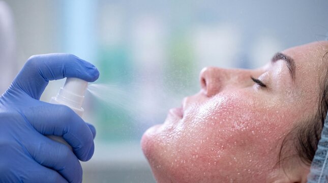 Esthetician spraying neutralizer mist on face during facial chemical peel.