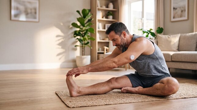 Man with CGM sensor stretching on floor mat at home for diabetes management