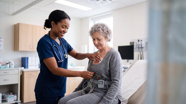 Nurse attaching Holter monitor to senior female patient in a medical clinic.