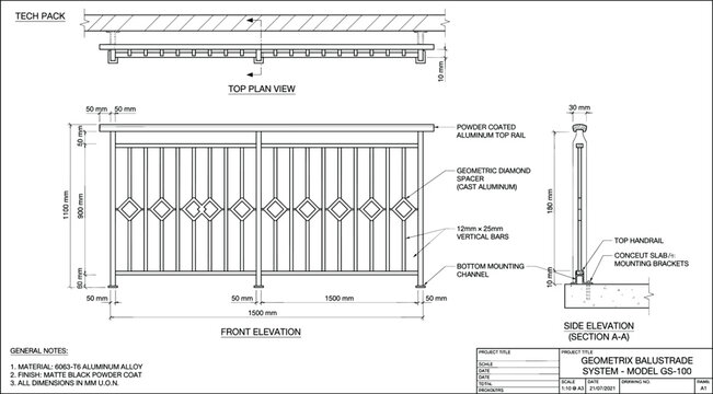Geometrix balustrade system model GS-100 technical specification drawing vector diagram