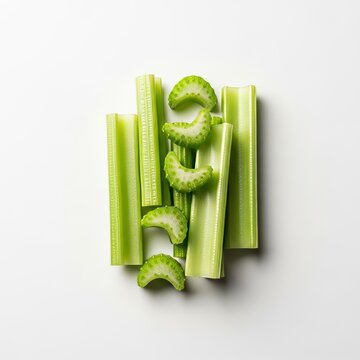 Freshly chopped green celery stalks arranged in a minimalist, artistic composition on a white surface, ideal for healthy gourmet meal prep, organic, gourmet, salad