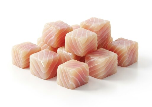 Freshly cut cod fish fillet cubes arranged on a clean white studio background. High quality raw seafood chunks for gourmet cooking and soup, meal, raw, meat