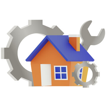 3D Home Maintenance Illustration with House, Gear and Repair Wrench