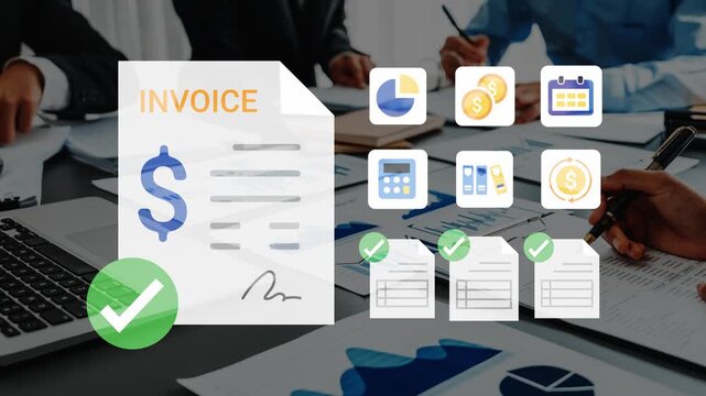 Business Invoice and Financial Analysis with Charts, Graphs, and Icons of Payment and Planning on a Corporate Desk Gluon.