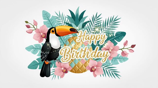 Tropical toucan bird and pineapple design with orchids and palm leaves happy birthday message motion graphic