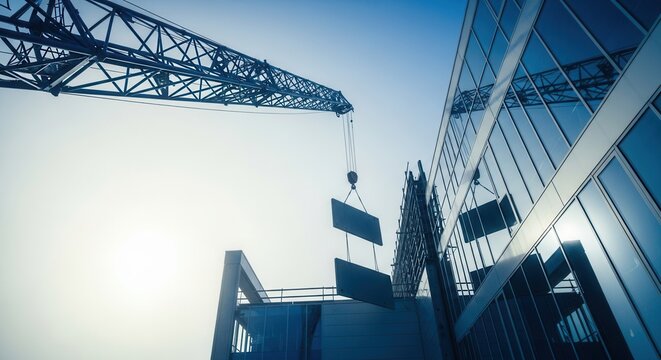 Modern Construction Crane Assembling Building Facade Elements