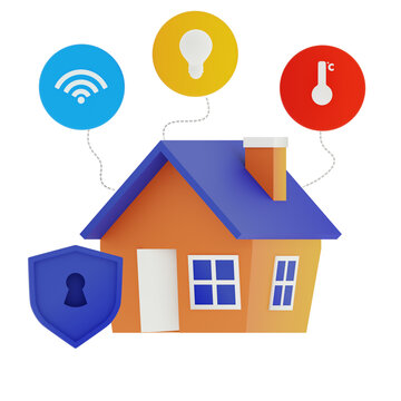 3D Smart Home Illustration with WiFi, Smart Lighting, Temperature Sensor and Security Shield