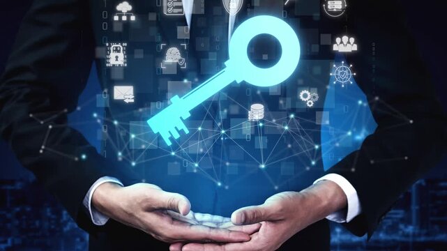 Digital Key Symbolizing Data Security and Access Control with a Businessman in a Suit, Concept of Cybersecurity and Technology Integration Sigmoid