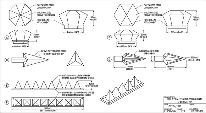 Industrial fencing components specification technical drawing vector diagram