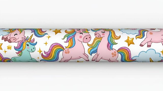 Cute unicorn pattern loop, whimsical fantasy creatures, rainbows and stars, adorable cartoon style, vibrant colors, joyful animation