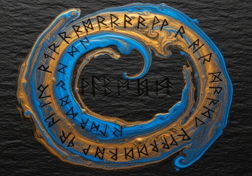 Fluid electric blue and gold ink blending on a dark stone texture with ancient script elements and a dynamic zen style composition, swirl, ancient, metallic