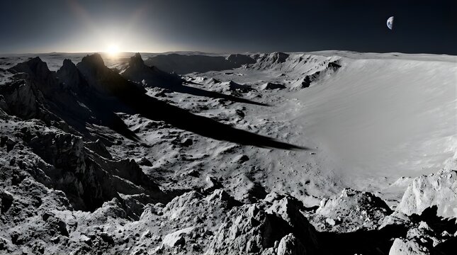 Lunar surface landscape with rocky craters and Earth in the distant sky