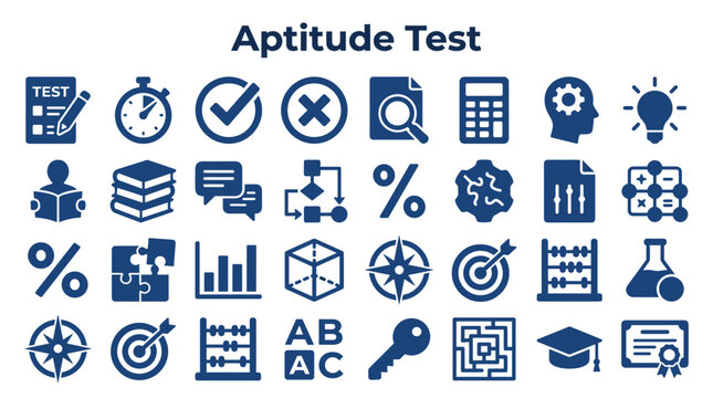 Aptitude Test Icons Representing Skills Assessment, Problem Solving, Logic, and Learning