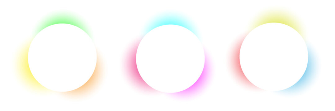 Minimalist set of three blank white circular paper frames isolated on a clean white backdrop featuring colorful glowing gradient drop shadows.