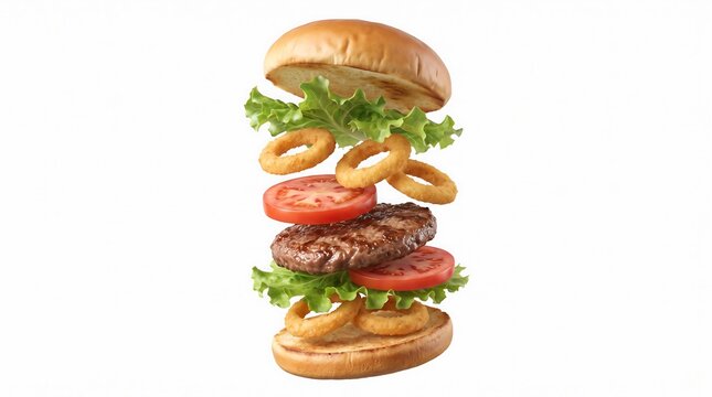 Exploded burger with floating ingredients isolated on white background