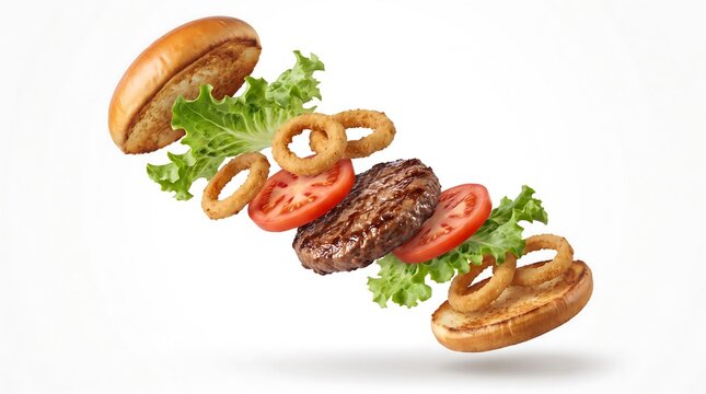 Exploded burger ingredients floating in creative food composition