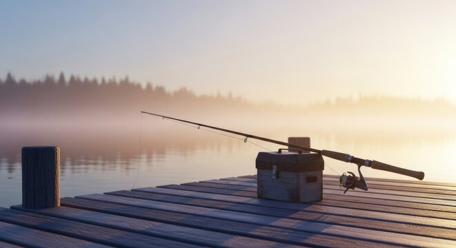 A serene morning scene with a wooden fishing rod resting on a rustic tackle box on a quiet lakeside pier amidst a soft, glowing morning mist, summer, wooden, morning