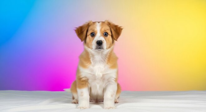 An adorable young dog displays a wide-eyed expression of pure shock while sitting on a soft white blanket in a bright indoor studio space, dog, emotion, bewildered