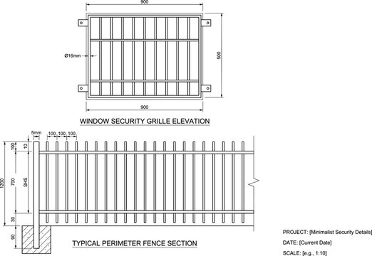 Window security grille and perimeter fence specification blueprint vector diagram