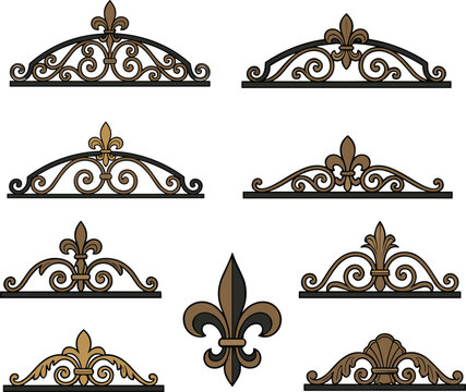 Wrought iron decorative pediments and fleur-de-lis arch toppers vector collection for architectural design